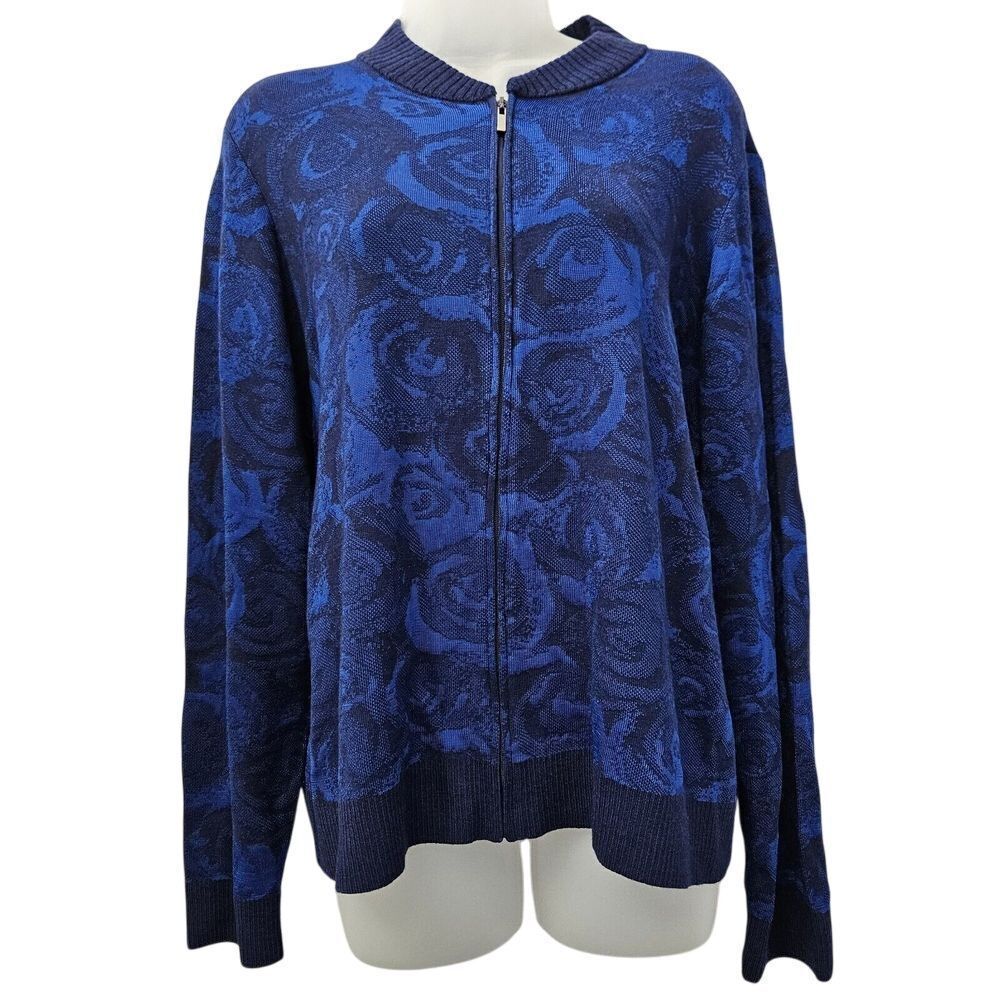 St. John Sweater Size M Blue Santana Knit VTG Wool Blend Full Zip Preppy Stretch